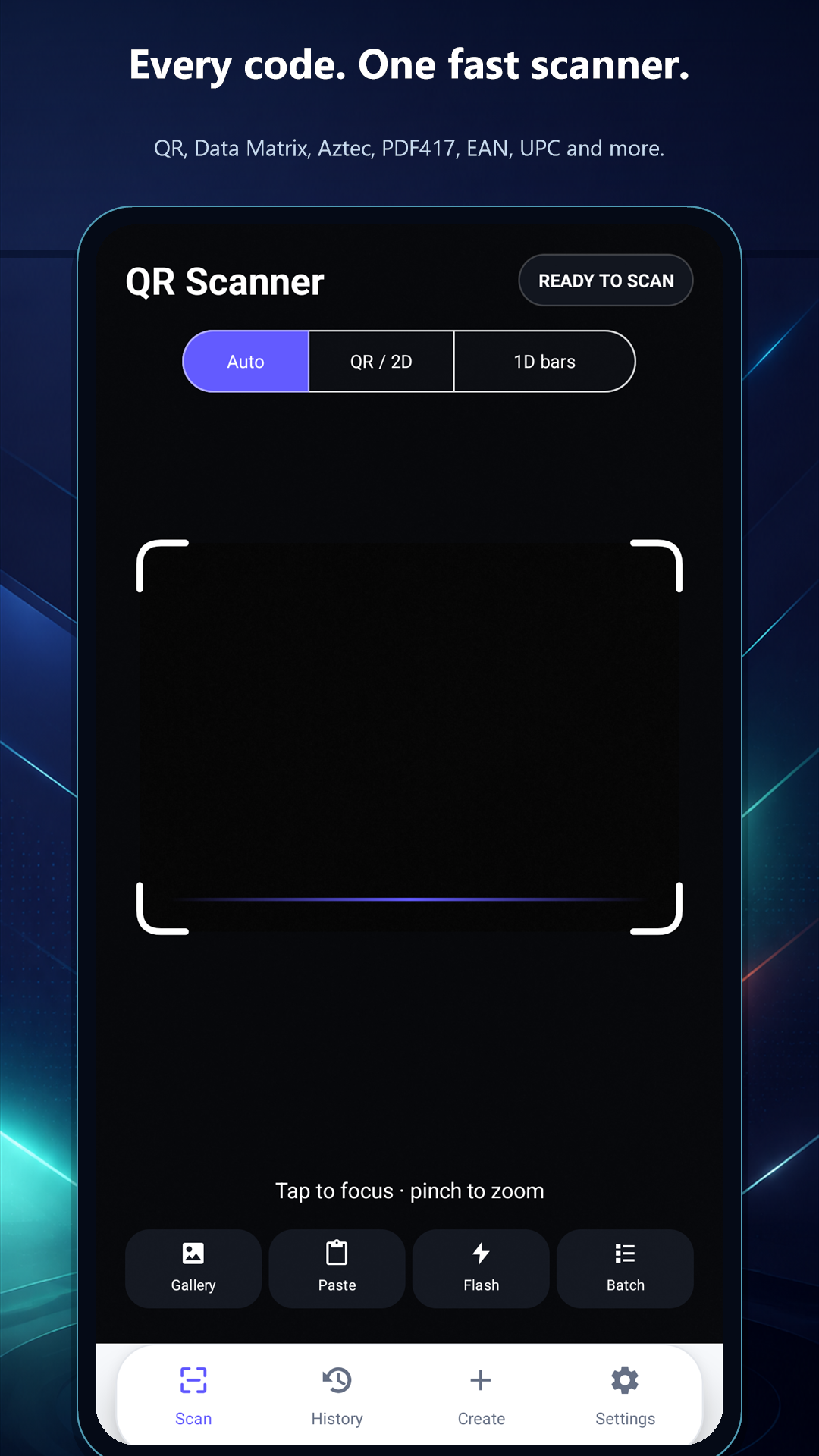 QR Scanner camera showing automatic, 2D and 1D scanning modes