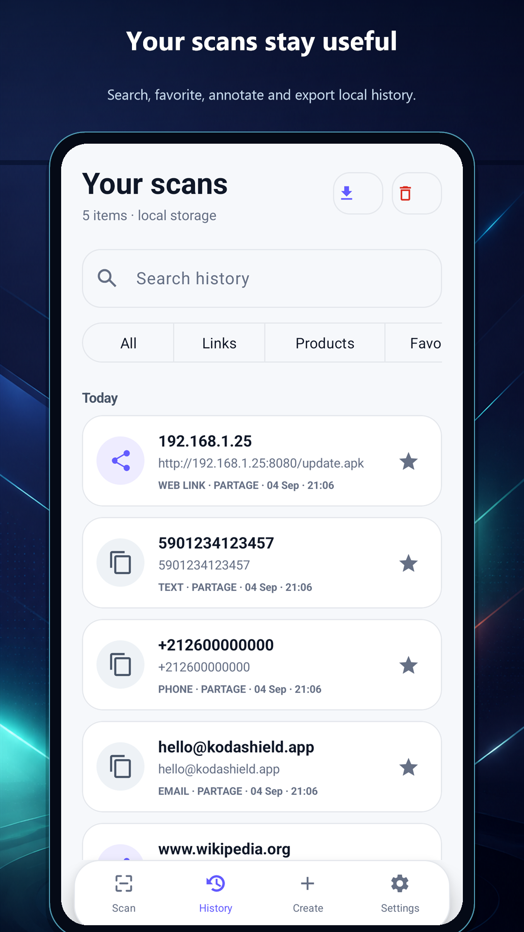 Local scan history with search, export and favorites