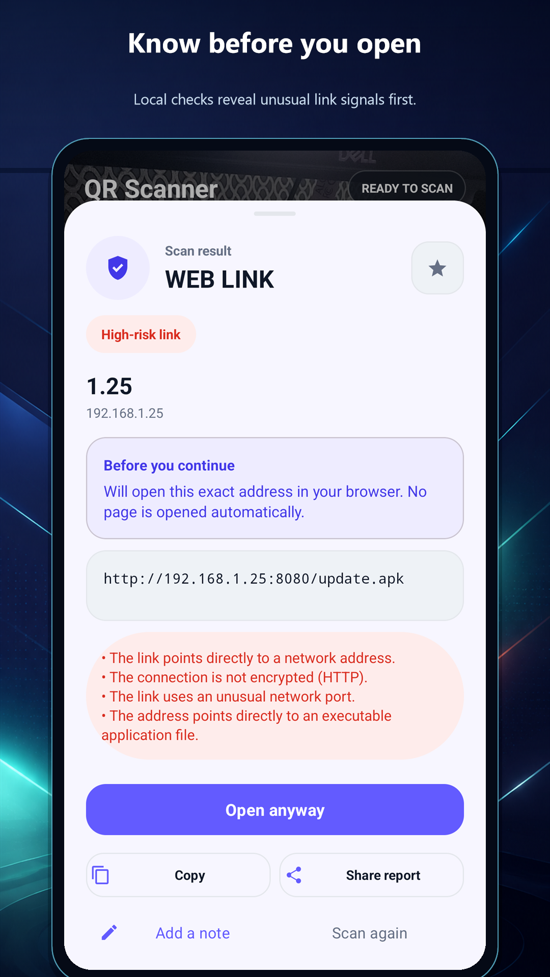 Scan result with local suspicious-link warnings