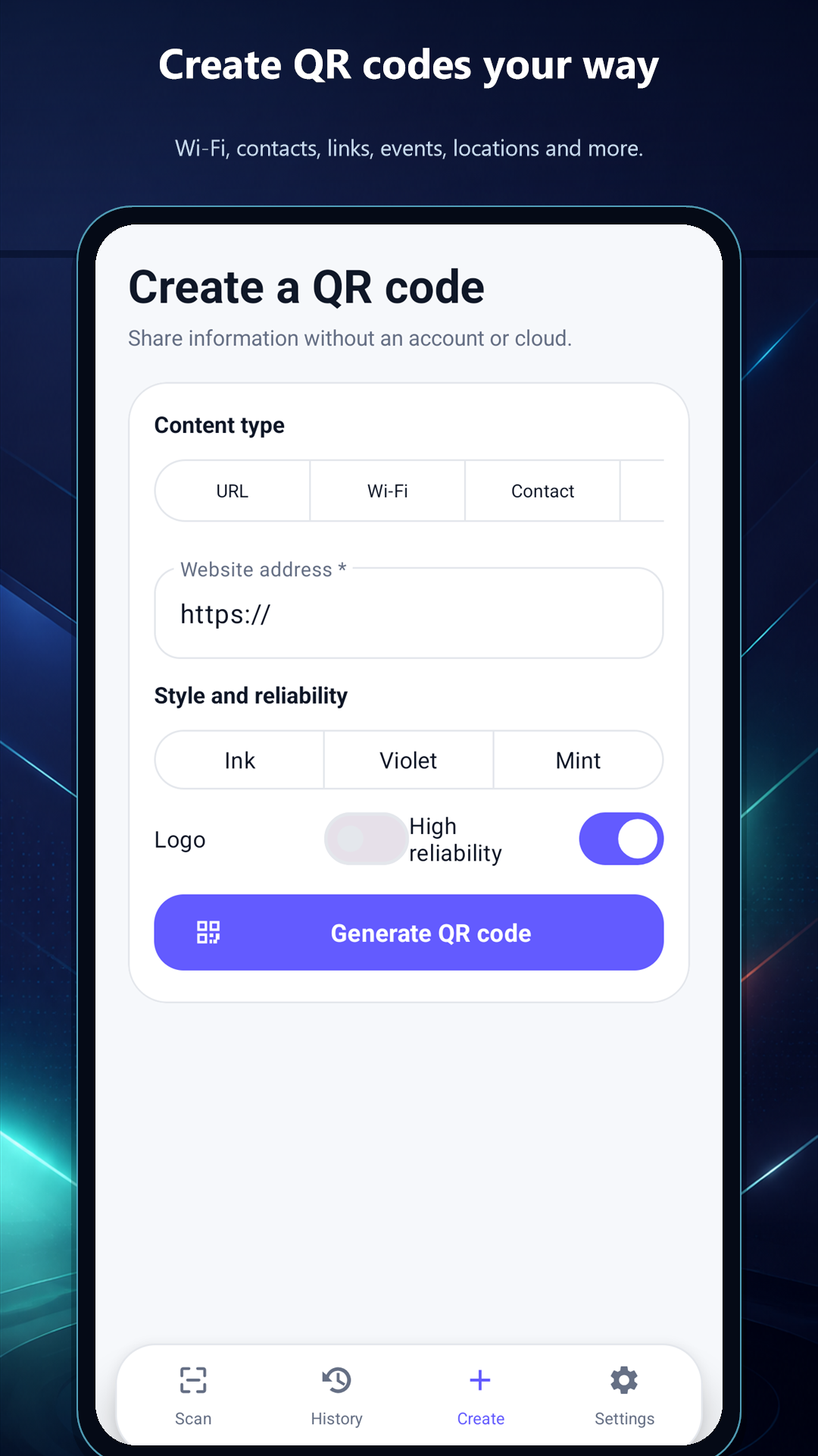 QR code creator for Wi-Fi, contacts, URLs and more