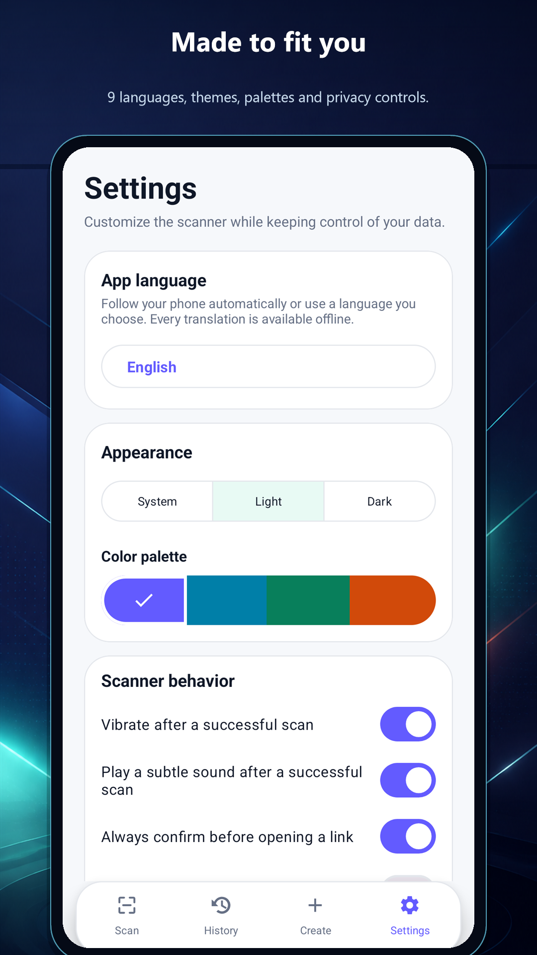 Scanner settings for language, theme and privacy